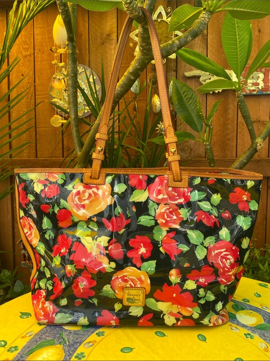 Dooney & Bourke Handbags - Dooney & Bourke Black Floral Coated Tote with Tan Leather Handles